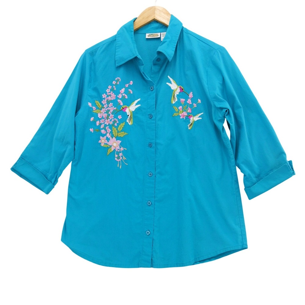 vtg 90s Collections Etc Button Up Shirt Sz M Embroidered Hummingbird Floral Bird